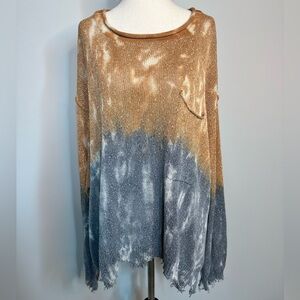Sz M Peach Love grey rust tie dye oversized distressed shark bit sweater